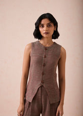 A Model Wearing Brown Handwoven Cotton The Hazel Sun Handspun Handwoven Organic Cotton Waistcoat, curated by Only Ethikal